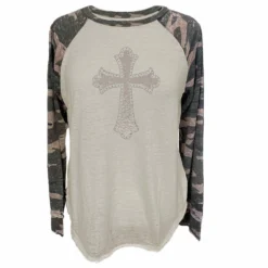 Lincoln Outfitters Ladies Long Sleeve Raglan Fashion Cross T-Shirt Camo - LO-LFR-08 - Long Sleeve Shirts Women's